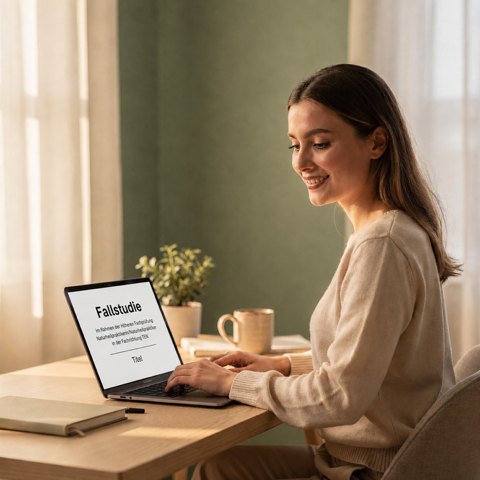 Naturheilpraktikerin TEN schreibt ihre P1-Fallstudie am Laptop